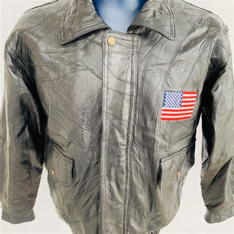 Black Leather Mens Bomber Jacket Usa American Flag Mens Medium Ebay