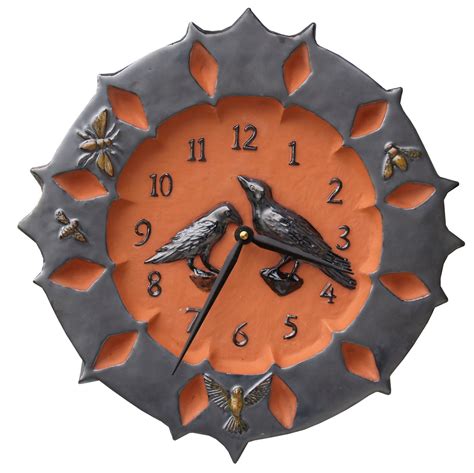 Ravens And Crows Ceramic Art Wall Clock With Gun Metal Glaze On Terra