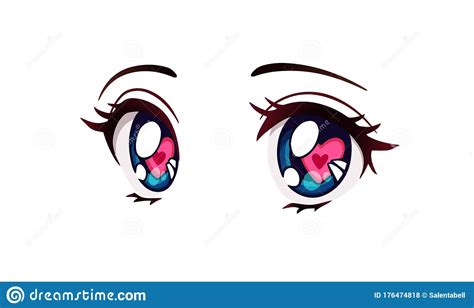 Große Blaue Augen Der Glücklichen Animeart Mit Herzen Handgezogene