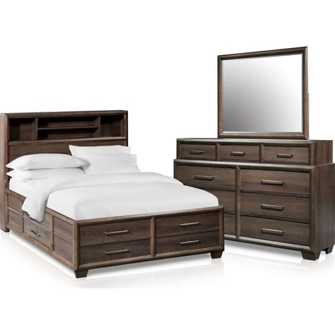 Dakota 5 Piece Bookcase Storage Bedroom Set With Dresser And Mirror