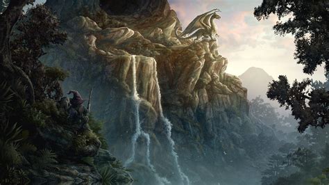 Wallpaper Forest Waterfall Fantasy Art Rock Nature Dragon