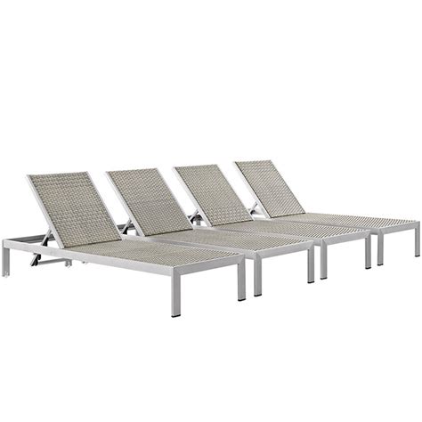 4 Brushed Aluminum Outdoor Lounge Sun Chairs Silver Gray Rattan Weave