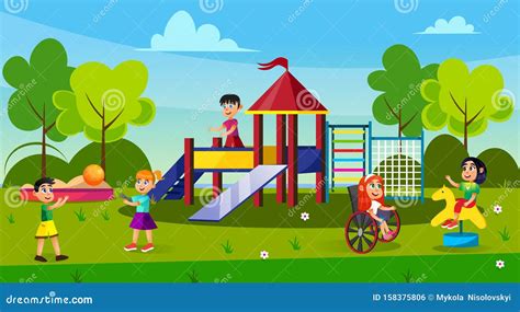 Kids Playing On Playground In Park Childhood Stock Vector