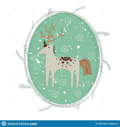 Reindeer With Unicorn Horn In The Spruce Frame Stock Vector