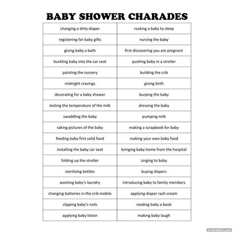 Baby Charades Words Printable