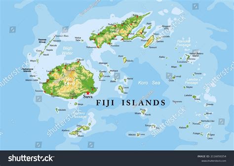 Fiji Islands Highly Detailed Physical Map Stock Vector Royalty Free