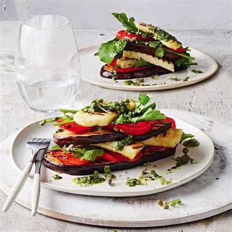 Chargrilled Eggplant Capsicum And Haloumi Stack With