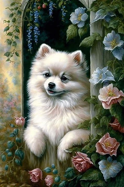 A Painting Of A Small White Dog Sitting In Front Of A Window With Pink