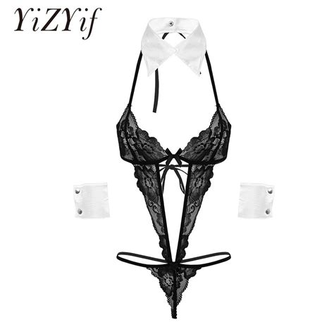 Women See Through Sheer Lace Erotic Lingerie Set Nightwear Sexy Bodysuit Leotard With Collar And