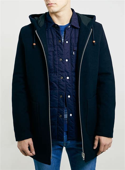 Navy Wool Blend Coat Topman Hooded Jacket Jackets