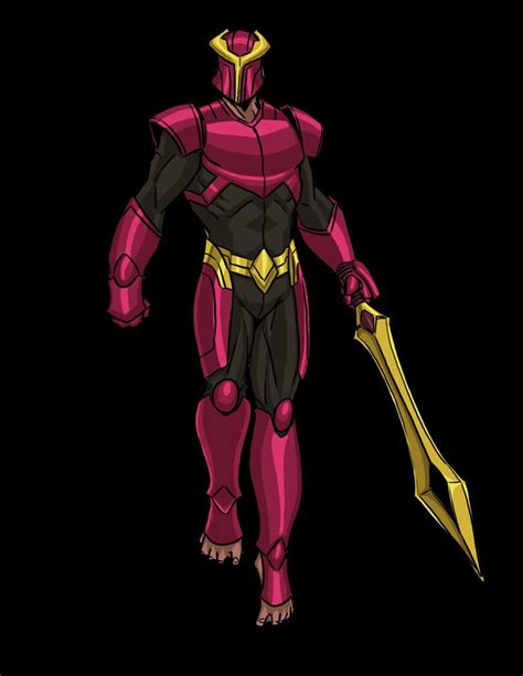 A Cartoon Character In Pink And Gold Armor Holding A Large Metal Object