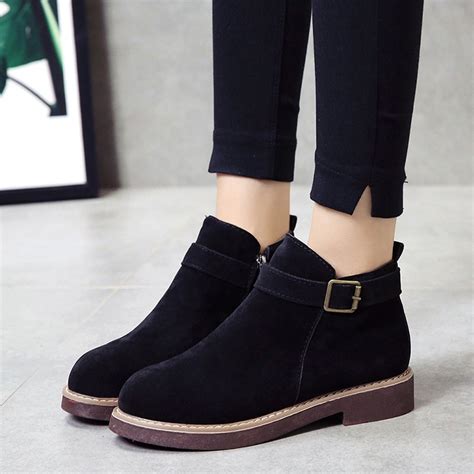 2018 Winter Women Boots Round Toe Flat Ankle Boots Solid Suede Ankle