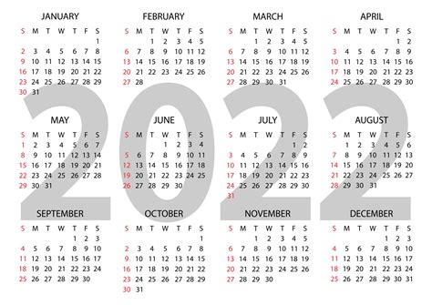 Calendar 2022 Year The Week Starts On Sunday Annual Horizontal