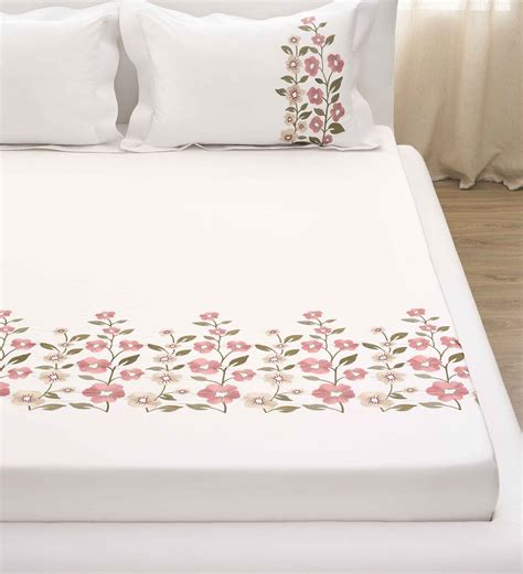 Buy Premium Embroidery Cotton 400 Tc King Size Bedsheet With 2 Pillow