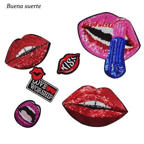 1pc Lipstick Red Lip Hot Melt Adhesive Sew Iron On Appliques Clothes