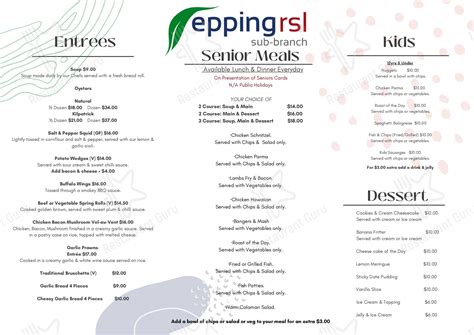Menu At Epping Rsl Restaurant Epping 195 Harvest Home Rd