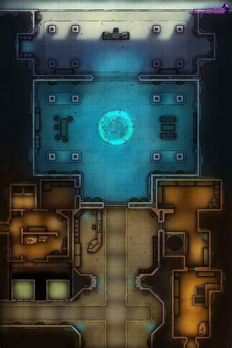 An Overhead View Of A Building With A Blue Light In The Center And Floor Plan Below