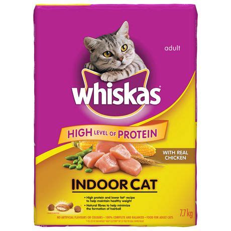 43.5 percent crude protein, 20.5 percent crude fat, 3 percent crude fiber, 9 percent moisture. Whiskas Dry Cat Food for Indoor Cats | Walmart Canada