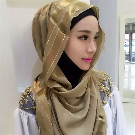 Fashion Muslim Scarf Gold Silk Long Shawl Headband New Women Muslim