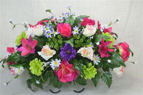 Long lasting silk flowers are ideal for memorials and graves and will stay looking beautiful far longer than fresh flowers. No. S0132 Beautiful Spring Cemetery Arrangement ...