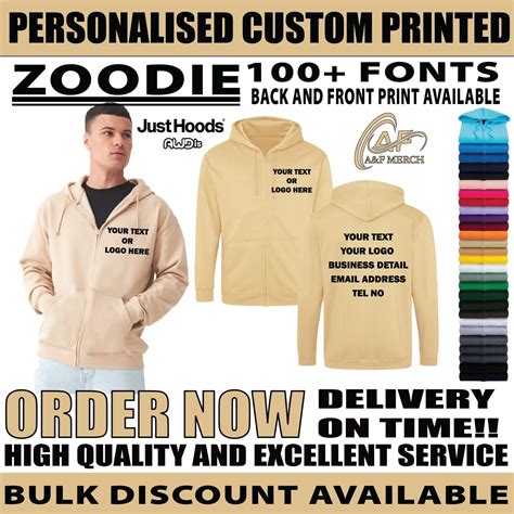 Personalised Custom Just Hoods Awdis Zoodie Text Logo Full Zip Up