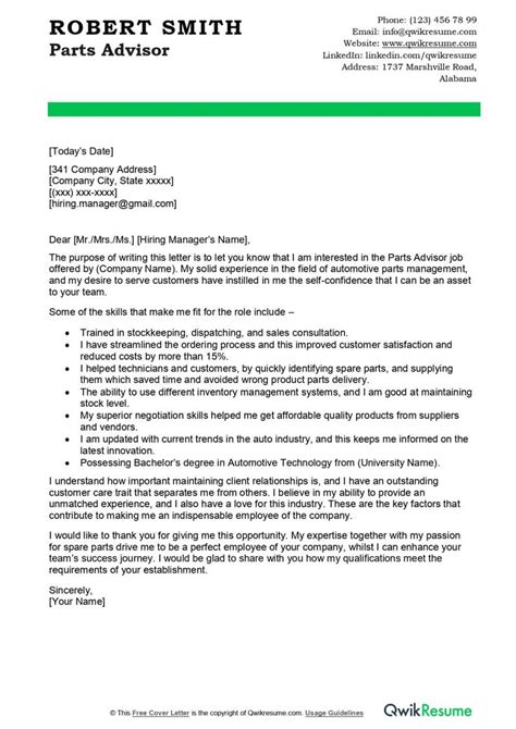 Parts Advisor Cover Letter Examples Qwikresume