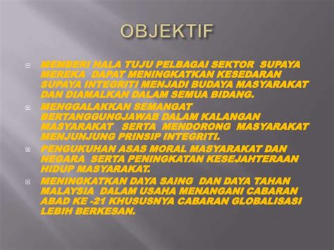 Pelancaran (pelan integriti nasional)pin pada 23 april 2004 oleh tun abdullah ahmad badawi juga telah sekaligus melahirkan institut integriti malaysia (integriti) sebagai sebuah badan penyelaras dan pemantau kepada pelaksanaan pelan integriti nasional dimana objektif utama. Pelan integriti nasional