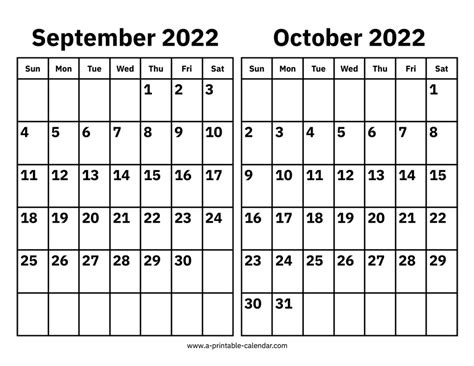 September And October 2022 Calendar A Printable Calendar