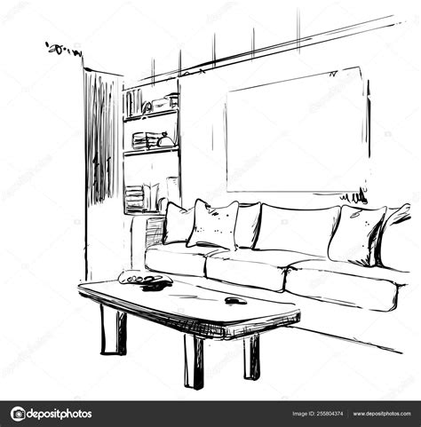 Hand Drawn Sketch Of Modern Living Room Interior With A Sofa Pillows