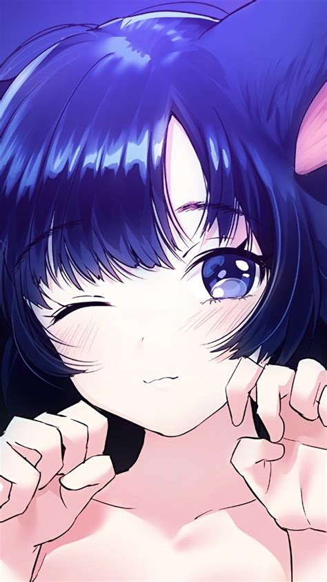 Download 750x1334 Anime Girl Cat Ears Neko Wink Blue