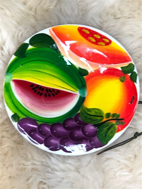 Hand Painted Fruit Wood Plate Vintage Handmade Colorful Wall Hanging