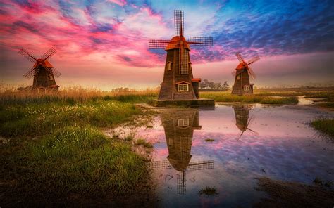 Dutch Windmill Reflection In Water Red Clouds Wallpaper Hd