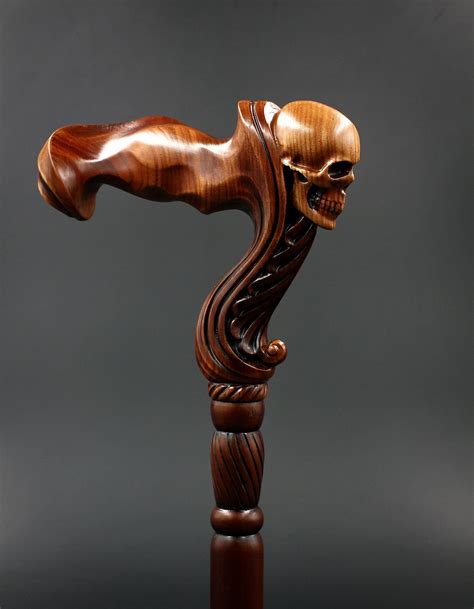 Skull Cane Wooden Walking Stick Ergonomic Palm Grip Handle Wood Carved