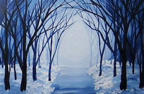 Snowy Winter Forest Path Acrylic Painting Silhouette Forest Painting