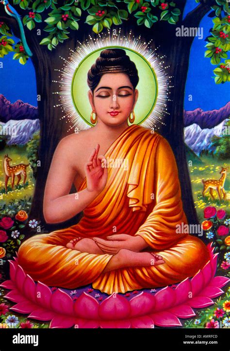 Buddha Under Bodhi Tree Sitting On A Lotus Flower Indian Painting Stock