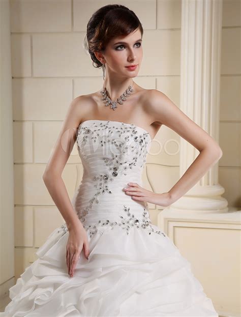 White Strapless Rhinestone Pleated Organza Bridal Wedding Dress