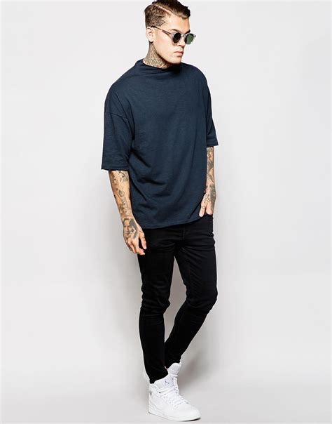 Lyst Asos Oversized T Shirt With Raw Edge Turtle Neck In Black For Men