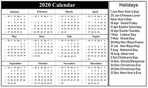 Calendar 2020 Special Days Month Calendar Printable
