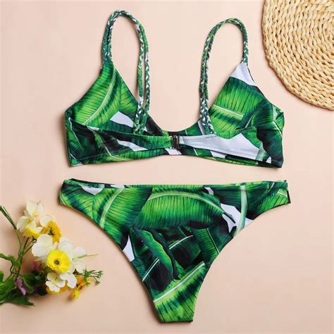 Swimwear Tropical Leaf Print Bikini Set Sexy Women Spaghetti Strap Backless Bikini Summer