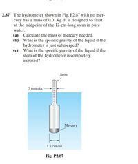 Answered The Hydrometer Shown In Fig P With Bartleby