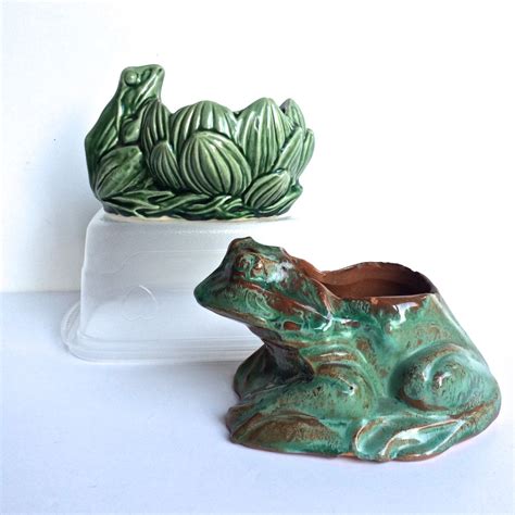 Vintage Ceramic Frog Planters Small Green Glazed Pottery Set Etsy