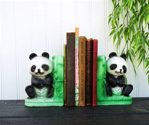 Panda Bear Bookends Ceramic Book End Set Bamboo Asian