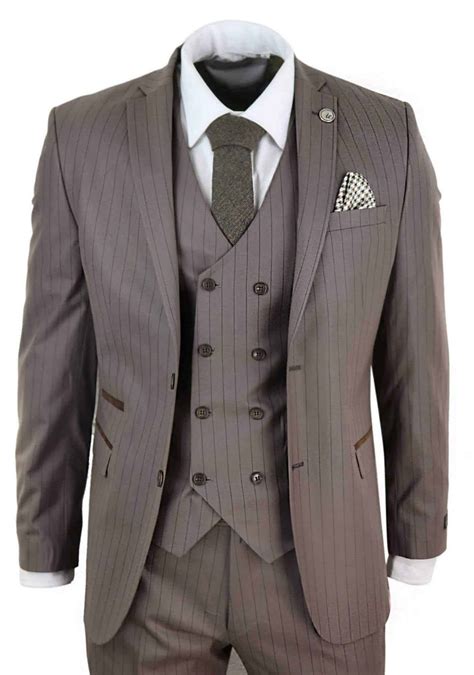 Mens 3 Piece Pinstripe Beige Suit Buy Online Happy Gentleman