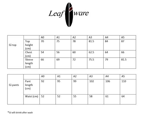 Sizing Chart Leafware