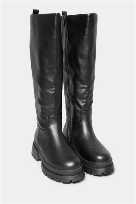 limited collection black faux leather pull on knee high boots in extra wide fit yours clothing