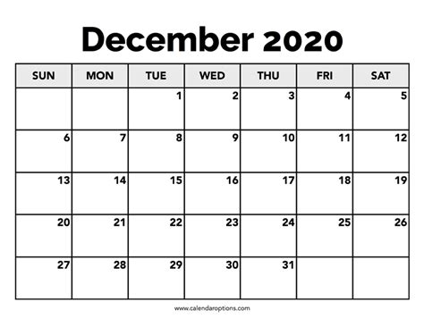 Calendar December 2020 Calendar Options