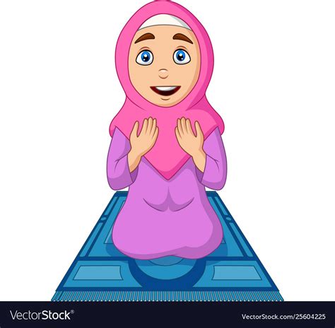 Cartoon Muslim Woman Praying On Prayer Rug Vector Image