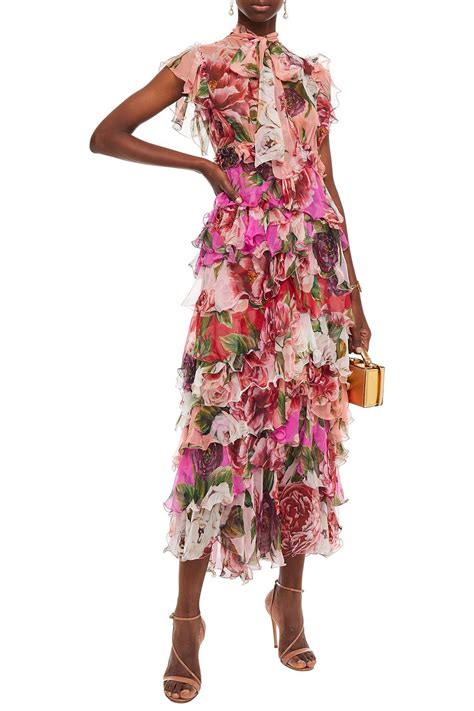 Dolce Gabbana Pussy Bow Tiered Floral Print Silk Chiffon Midi Dress