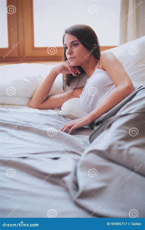 Beautiful Brunette Lying On Bed At Home Stock Image Image Of Panties