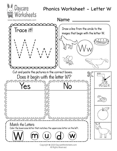 Free Printable Letter W Beginning Sounds Phonics Worksheet For Preschool